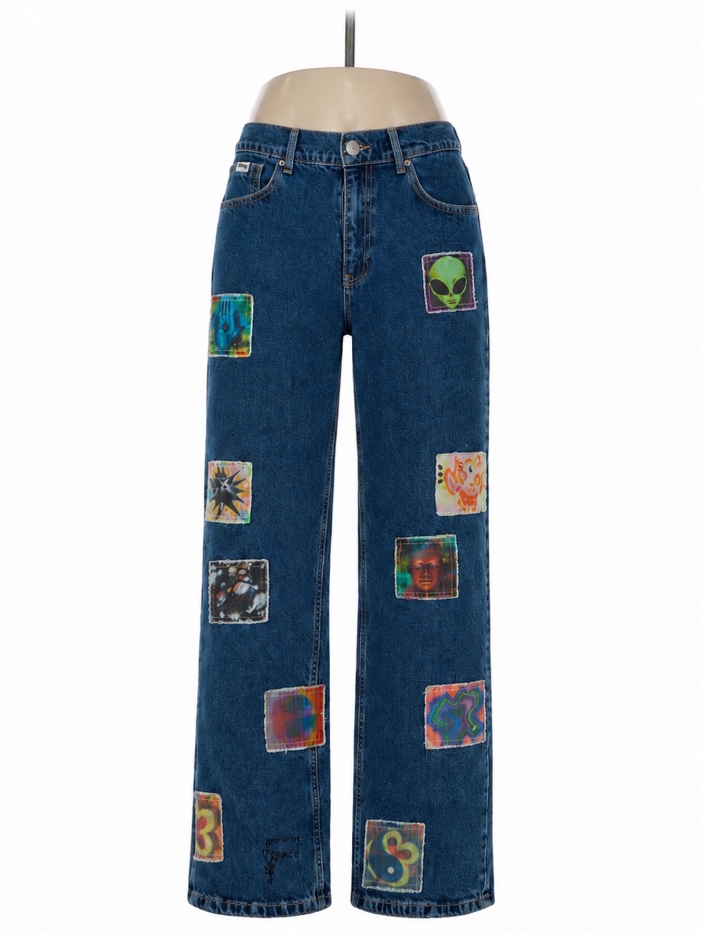 The Ragged Priest Blue Patchwork Psychedelic Graphic Dad Jeans